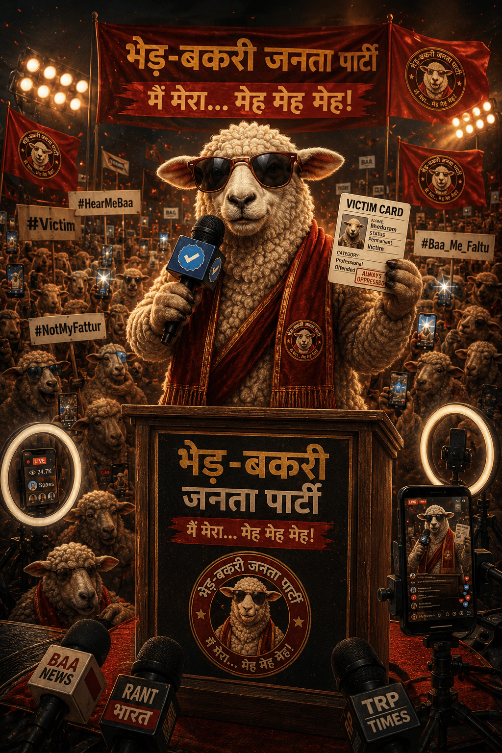 राजनीतिक मंच पर खड़ी एक व्यंग्यात्मक भेड़, हाथ में blue-tick mic और laminated victim card
