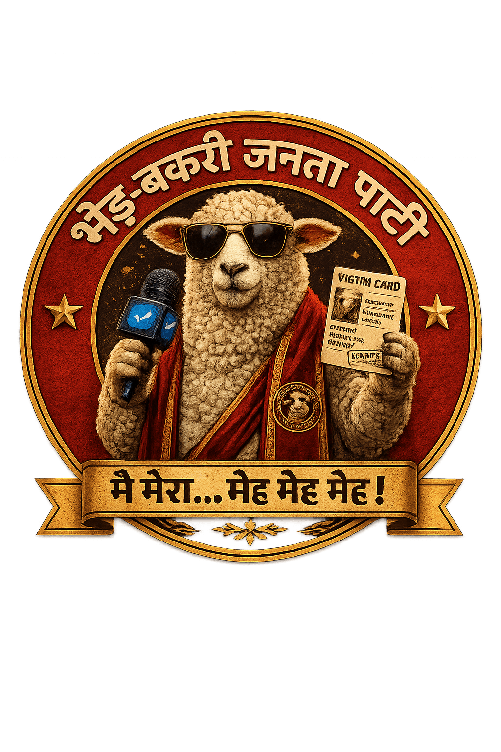 BBJP का गोल प्रतीक जिसमें sheep, mic और victim card दिख रहा है