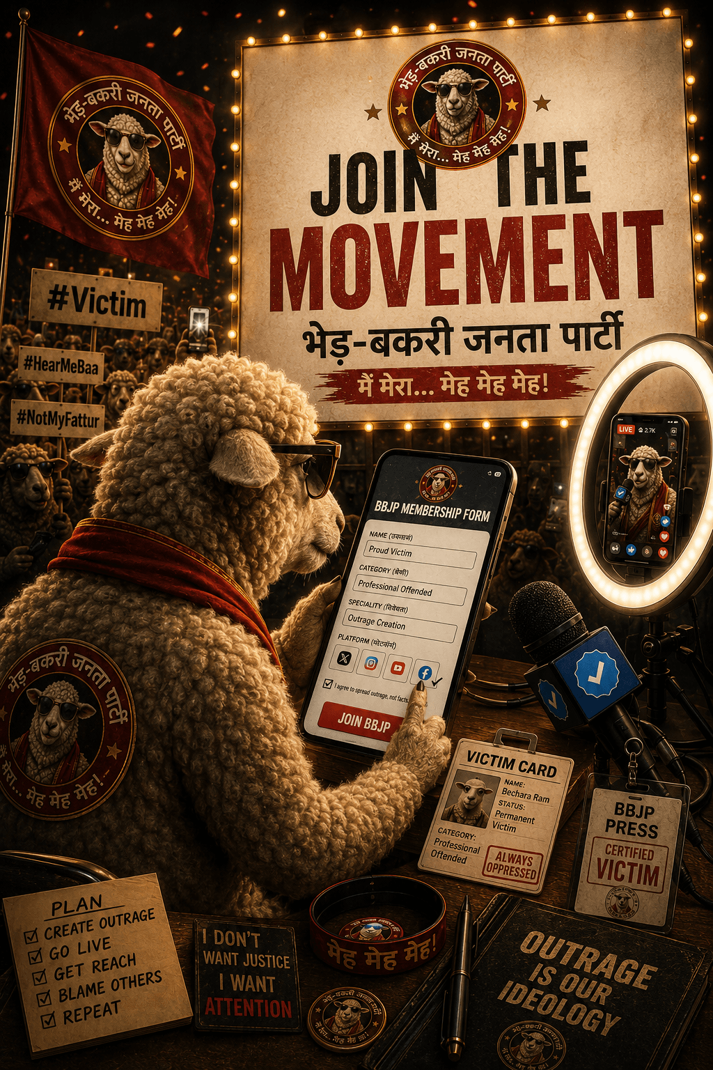मोबाइल पर BBJP membership form भरता एक स्वयंसेवक sheep